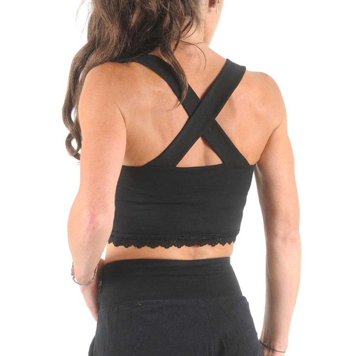 Stretchy black cotton crop top with crossed straps