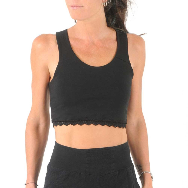 Crop top coton noir stretch, à bretelles croisées dos