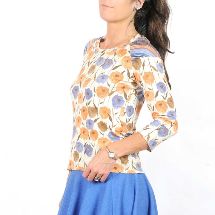 Top fabriqué en France créateur femme femme beige, bleu, orange, jersey fleurs et rayures