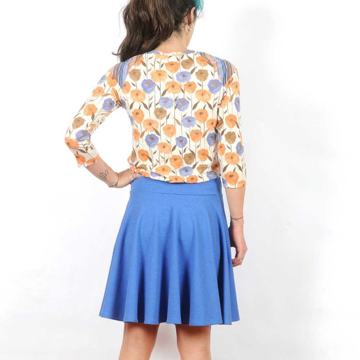 Beige, blue, orange womens top, floral and striped jersey