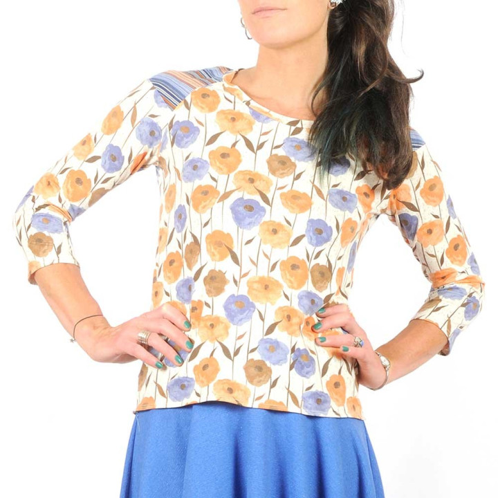 Beige, blue, orange womens top, floral and striped jersey