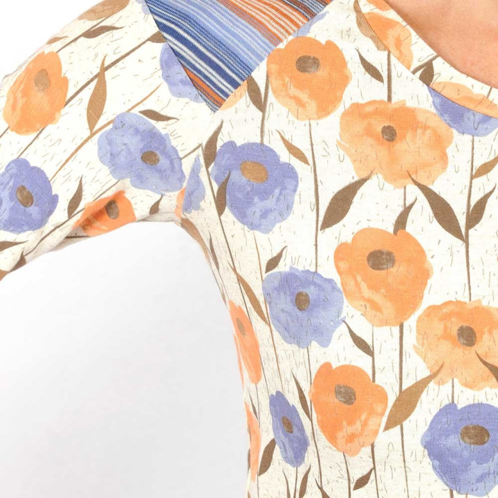 Beige, blue, orange womens top, floral and striped jersey