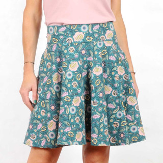 Flared jersey skirt, floral teal blue cotton jersey
