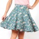 Flared jersey skirt, floral teal blue cotton jersey