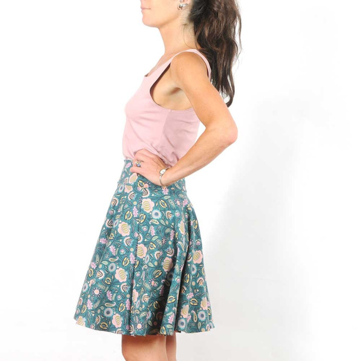 Flared jersey skirt, floral teal blue cotton jersey