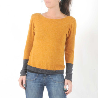 Pull femme fabriqué en France créateur femme jaune et gris foncé, maille souple et douce