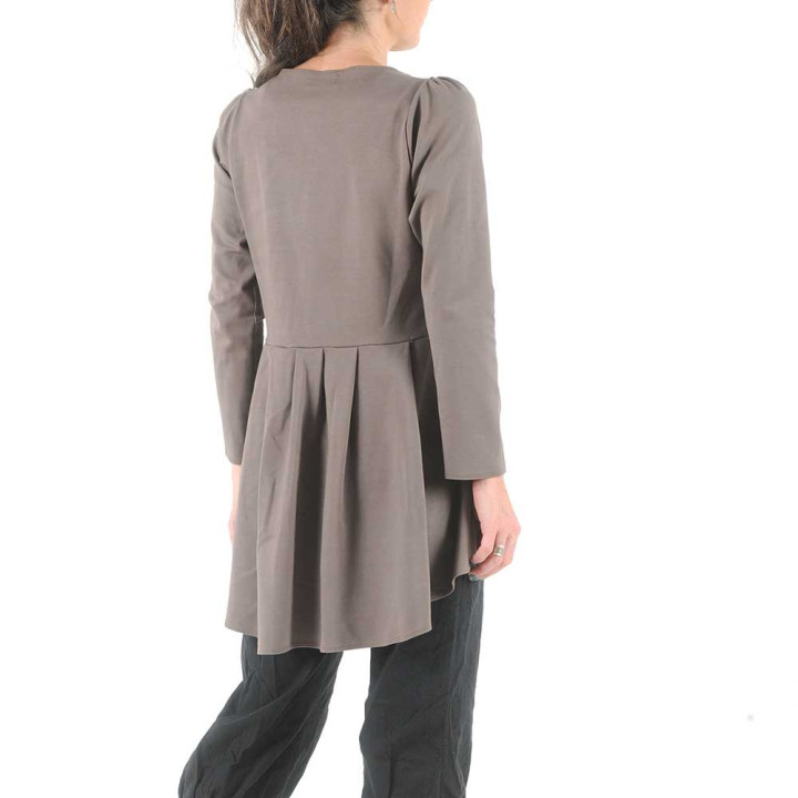 Long taupe brown jersey swallowtail sweater