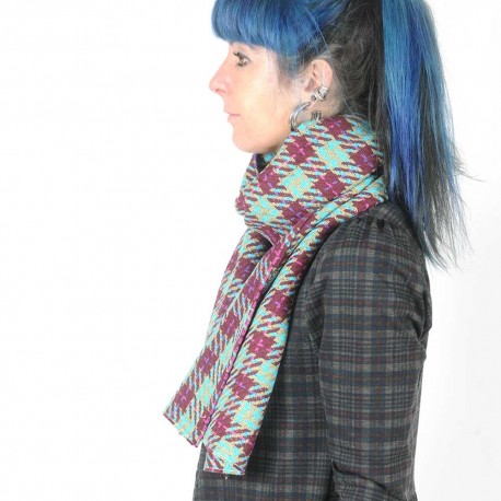 Crimson red and aqua green checkered woven cotton scarf