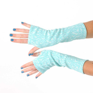 Aqua blue and white fingerless gloves, vintage jersey