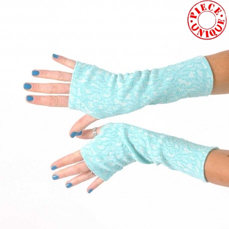 Aqua blue and white fingerless gloves, vintage jersey