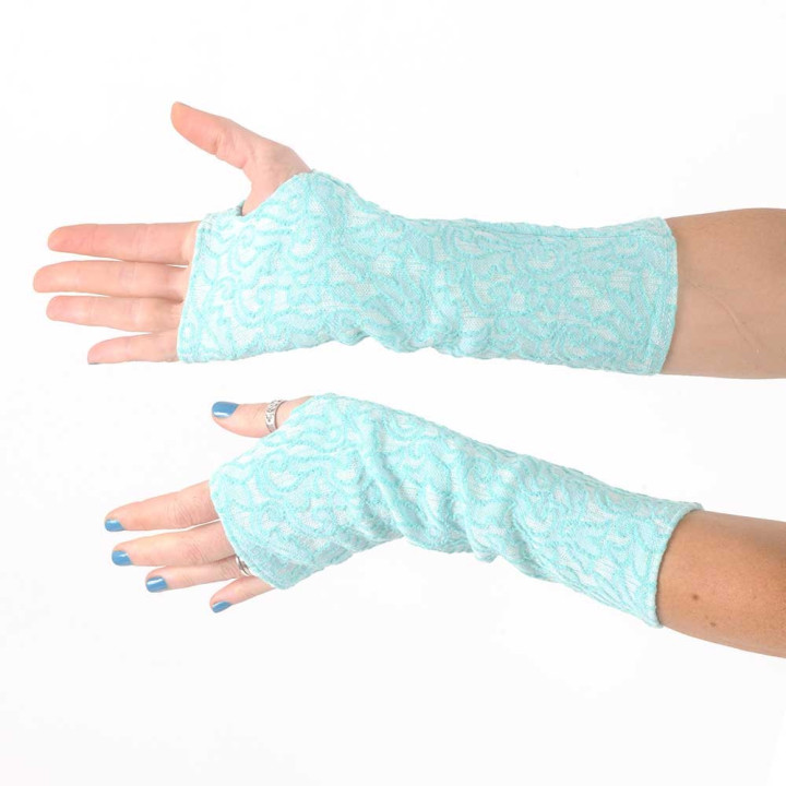 Aqua blue and white fingerless gloves, vintage jersey
