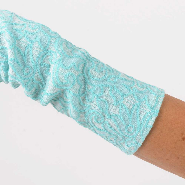Mitaines longues artisanale en jersey vintage blanc et turquoise