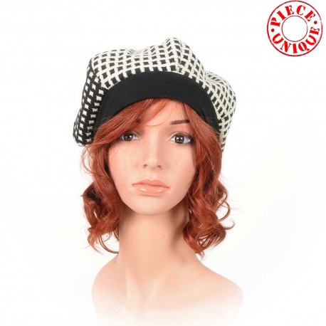 Black and white checkered wool beret hat