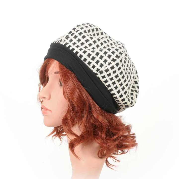 Black and white checkered wool beret hat