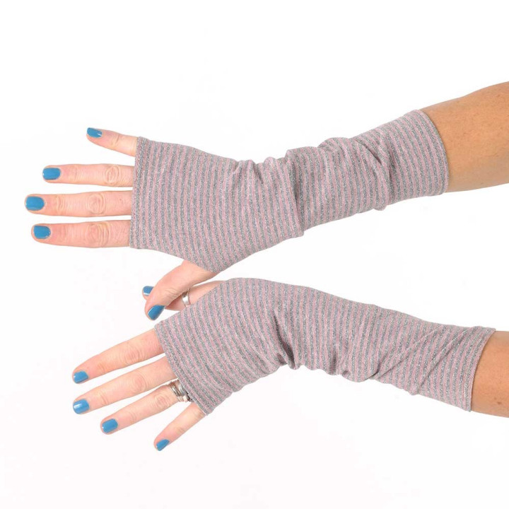 Long striped pink and sparkly grey jersey armwarmers