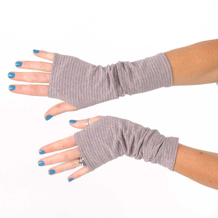 Long striped pink and sparkly grey jersey armwarmers