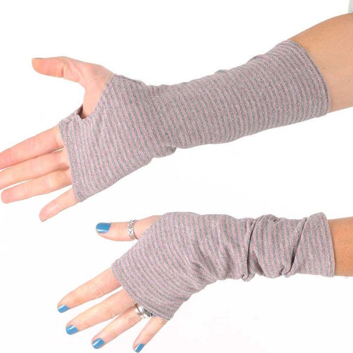 Long striped pink and sparkly grey jersey armwarmers