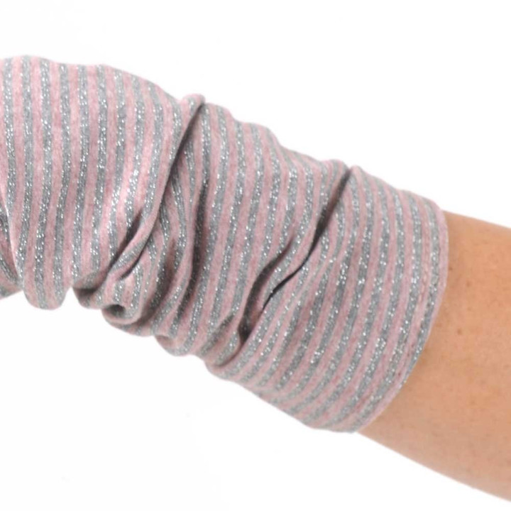 Long striped pink and sparkly grey jersey armwarmers