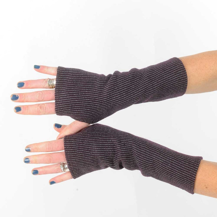 Striped plum and grey wool fingerless gloves