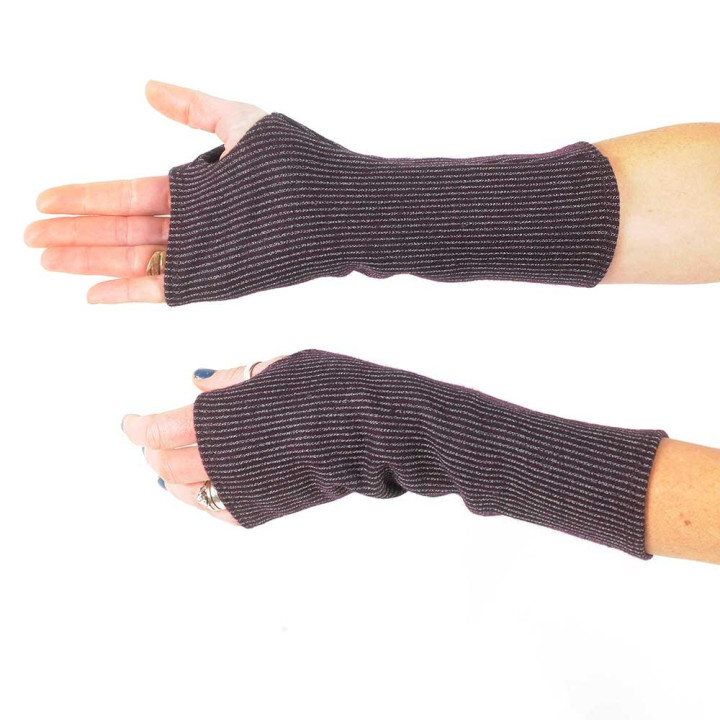 Striped plum and grey wool fingerless gloves