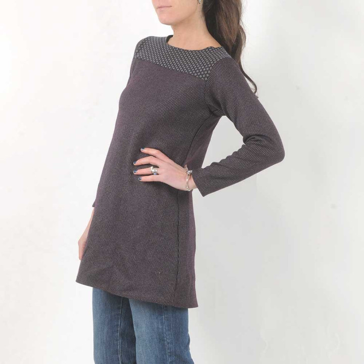Short plum striped wool jersey tunic, long sleeves