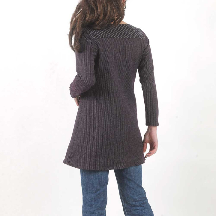 Tunique prune, jersey laine rayée, manches longues