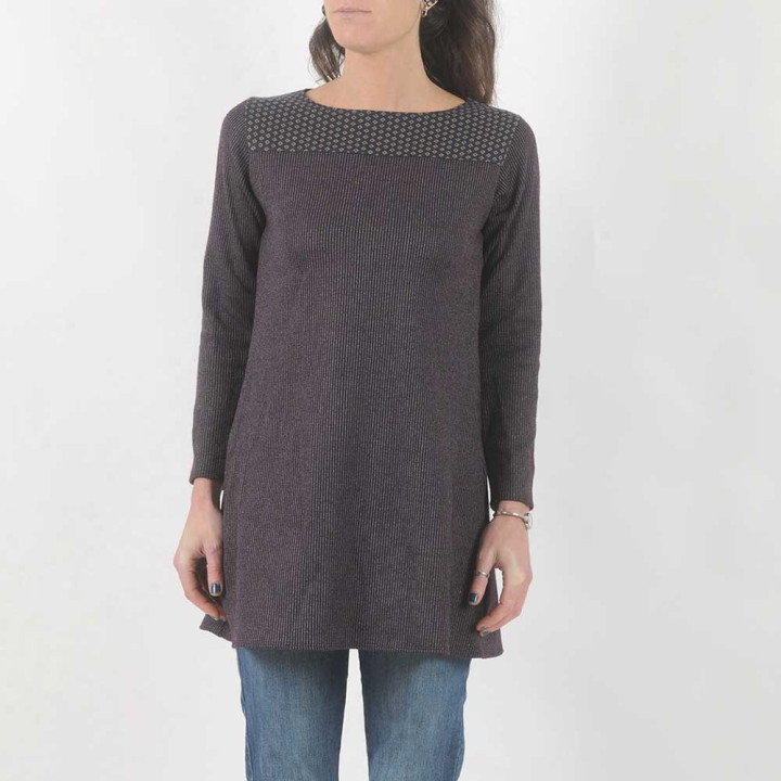 Tunique prune, jersey laine rayée, manches longues