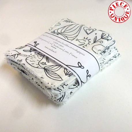 Set of 7 washable fabric face wipes, printed white cotton