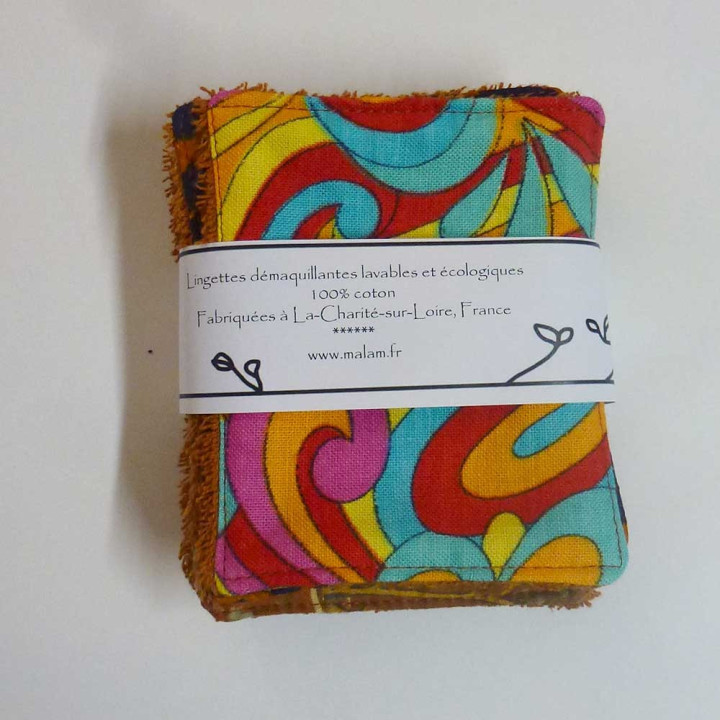 Set of 7 washable fabric face wipes, vintage floral orange cotton