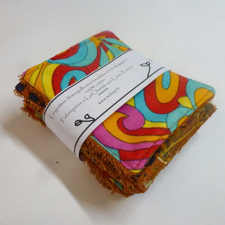 Set of 7 washable fabric face wipes, vintage floral orange cotton