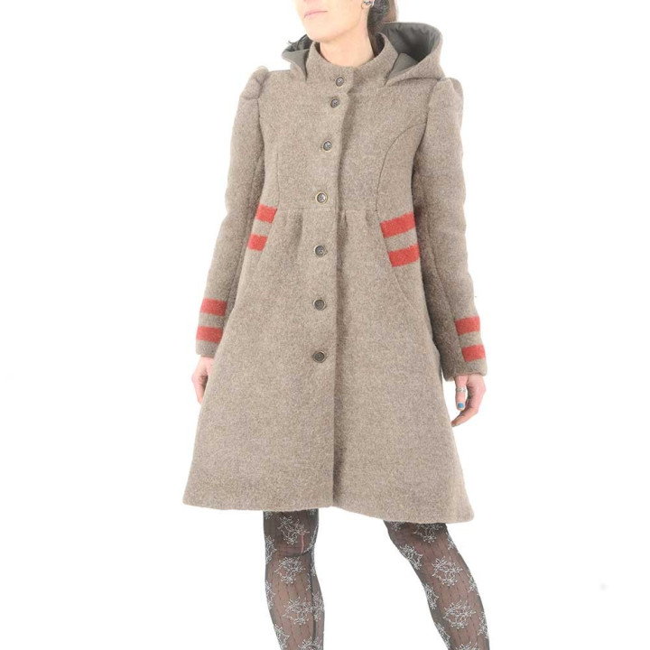 Taupe brown wool winter coat with round hood, red stripes