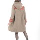 Taupe brown wool winter coat with round hood, red stripes