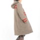 Taupe brown wool winter coat with round hood, red stripes