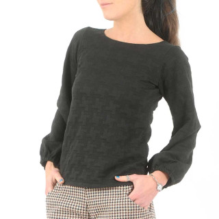Pull noir texturé, manches longues bouffantes