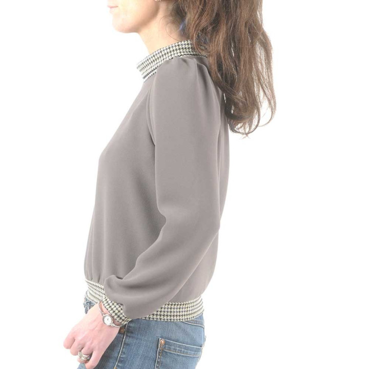 Taupe crepe blouse with boat cowl, houndstooth details