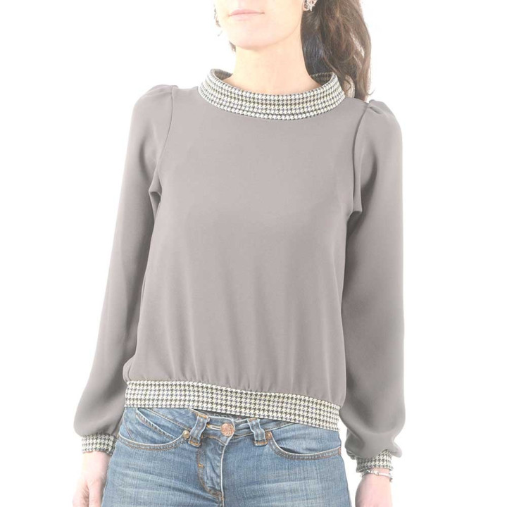 Taupe crepe blouse with boat cowl, houndstooth details