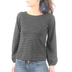 Black and grey lightweight striped wool sweater with puffy sleeves