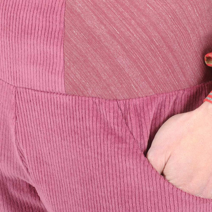 Pantalon femme 4/5 velours vieux rose côtelé, ceinture jersey