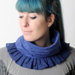 Cobalt blue knit pleated snood with lace ruffles