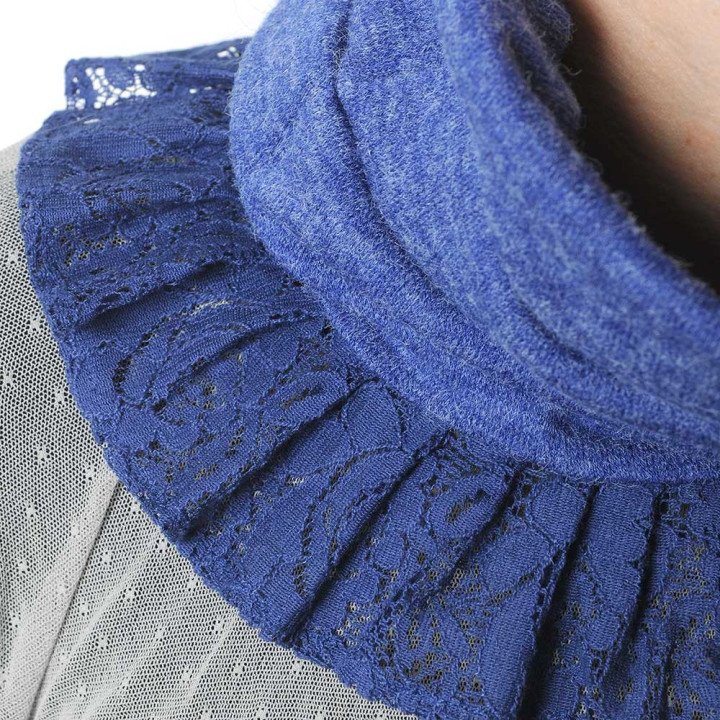 Cobalt blue knit pleated snood with lace ruffles