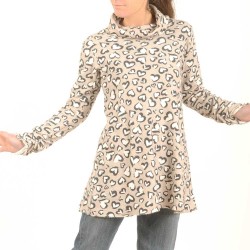 Beige and black printed knit tunic with wide cowl