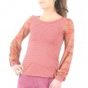 Red, pink, camel striped and floral print top, long puffy sleeves