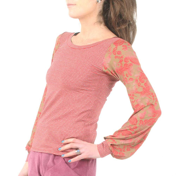 Red, pink, camel striped and floral print top, long puffy sleeves