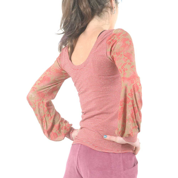 Top rouge, camel, rose manches longues en jersey rayures et fleurs