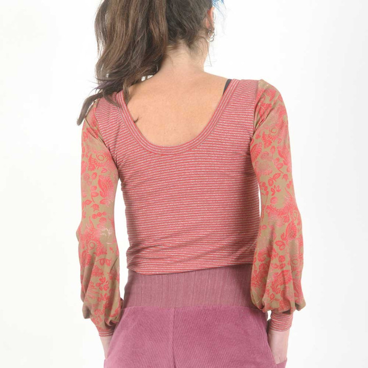 Top rouge, camel, rose manches longues en jersey rayures et fleurs