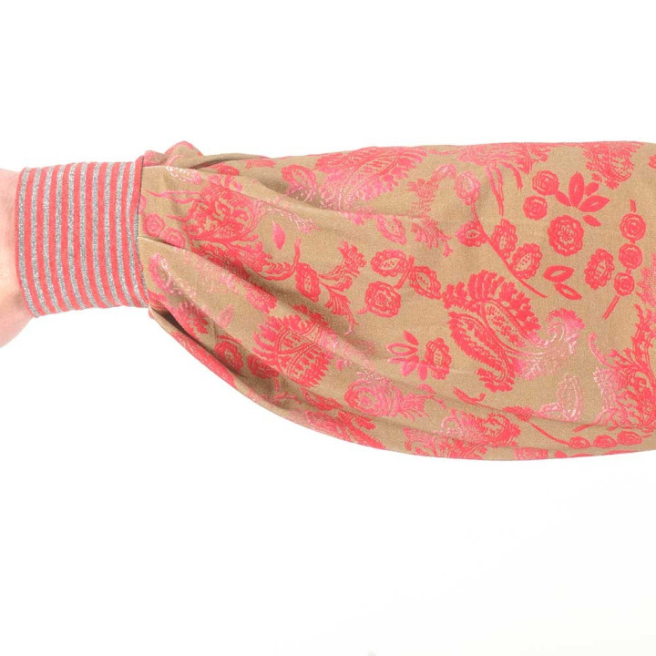 Red, pink, camel striped and floral print top, long puffy sleeves