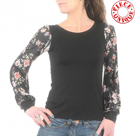 Fitted black top with long puffy floral sleeves