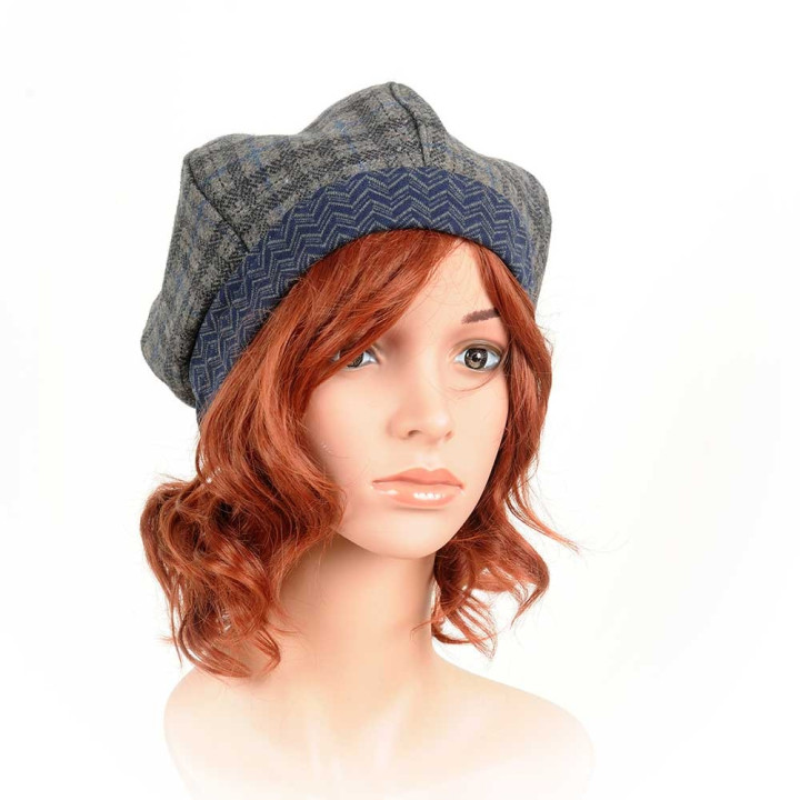 Béret lainage carreaux gris noir bleu