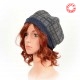 Grey, black and blue plaid wool beret hat