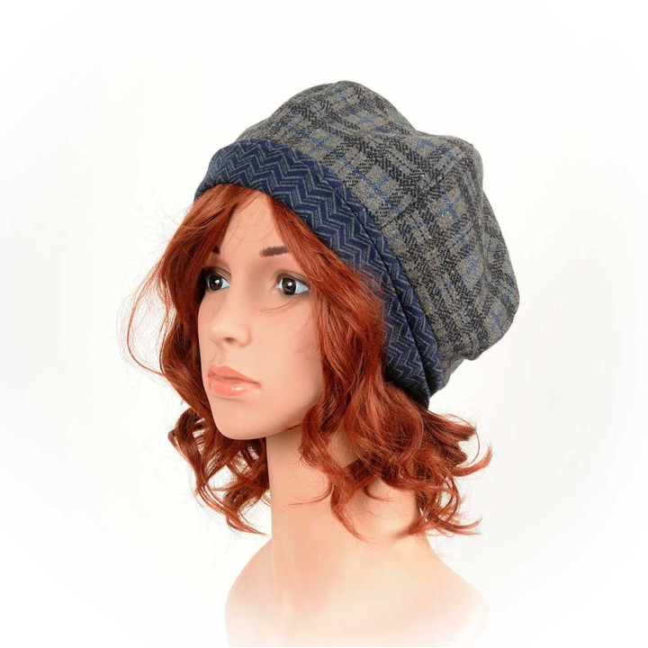Grey, black and blue plaid wool beret hat
